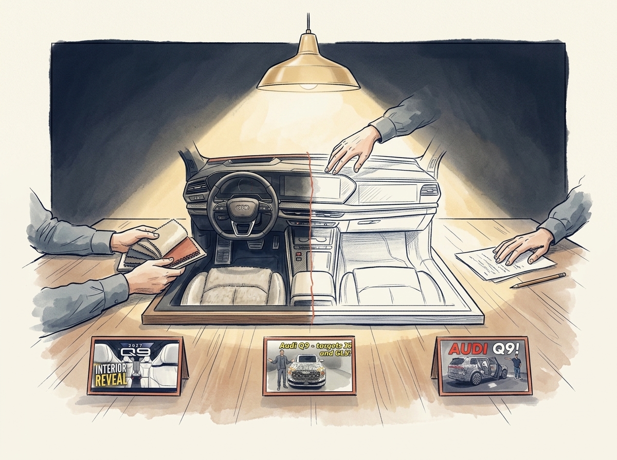 A half-finished section model of the Audi Q9 cabin on a wooden table under a pendant lamp; three pairs of slate-grey hands interact with it. Three YouTube-review place cards line the near edge.