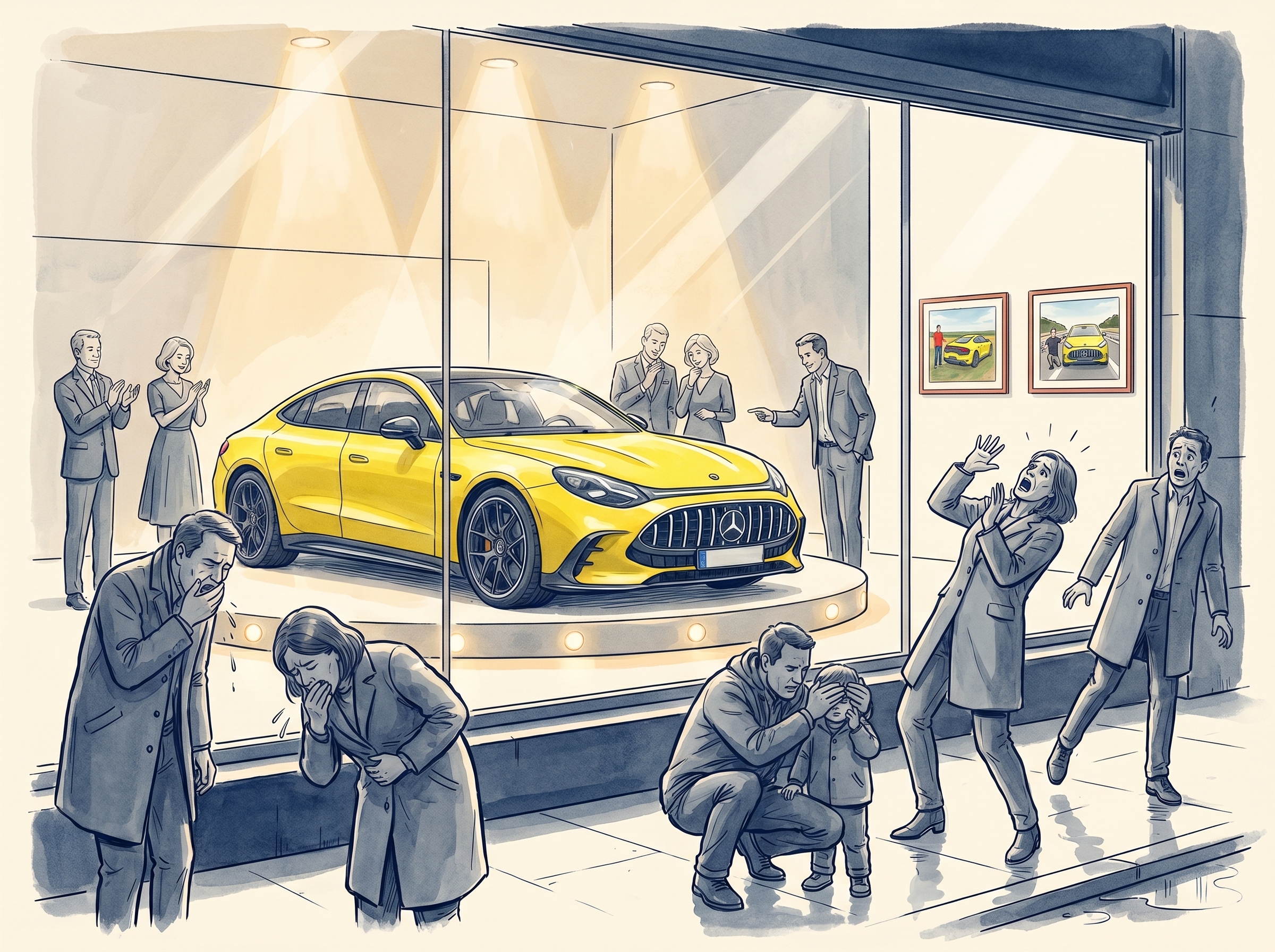 A yellow Mercedes-AMG GT 4-Door on a lit showroom plinth; insiders applaud behind the glass while people outside recoil in horror—two retching, a parent shielding a child's eyes