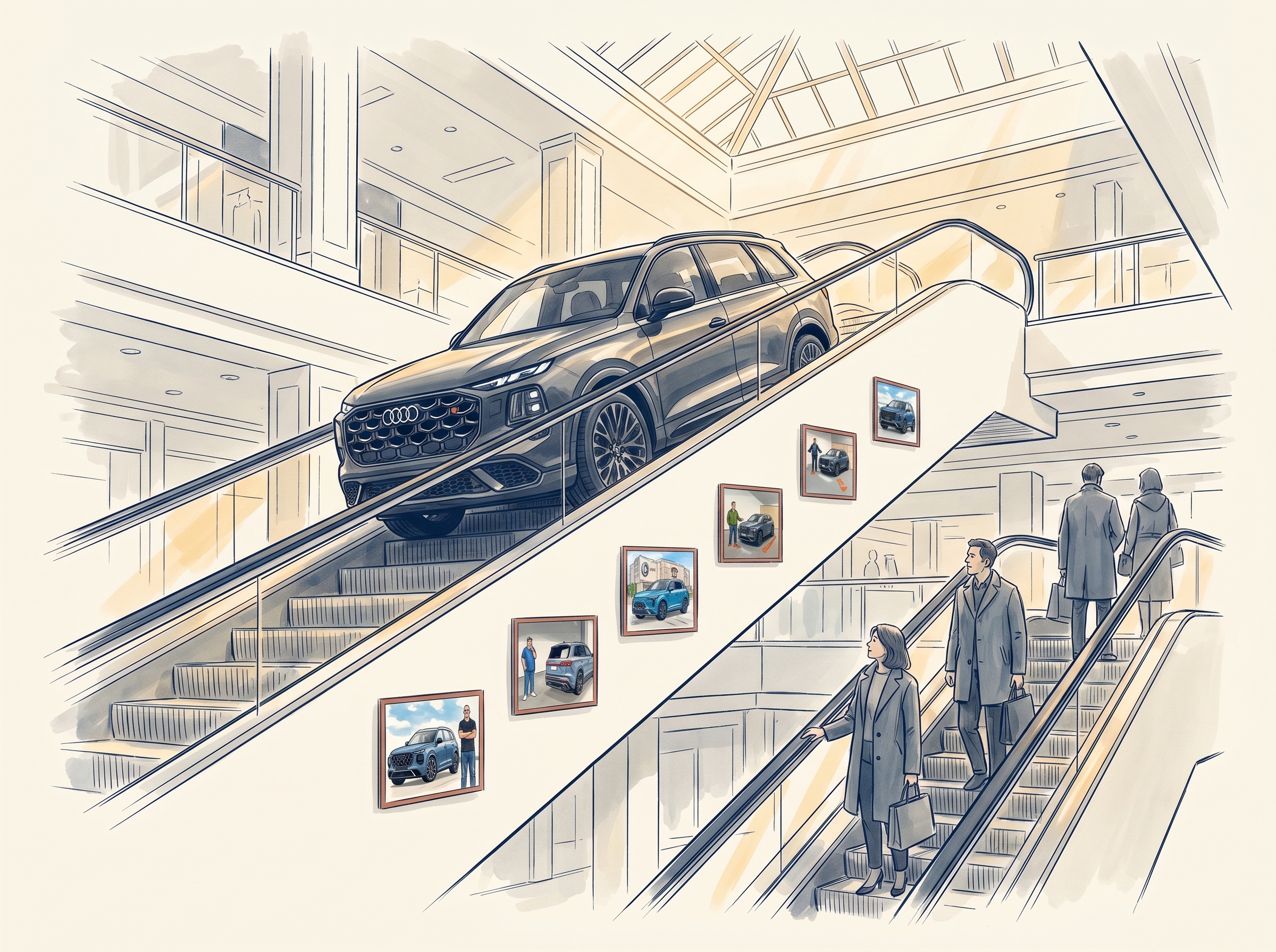 Illustration: an Audi Q7 SUV rides up a department-store escalator, stranded halfway between floors, as slate-grey shoppers descend alongside; framed video thumbnails line the escalator panel.