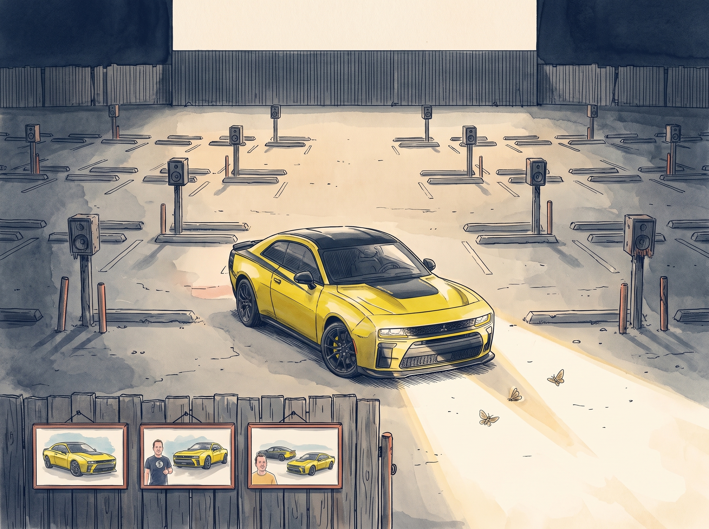 Illustration: a lone yellow Charger Super Bee sits in an empty drive-in lot before a blank screen, headlights on; three framed lobby cards hang on the wooden fence.