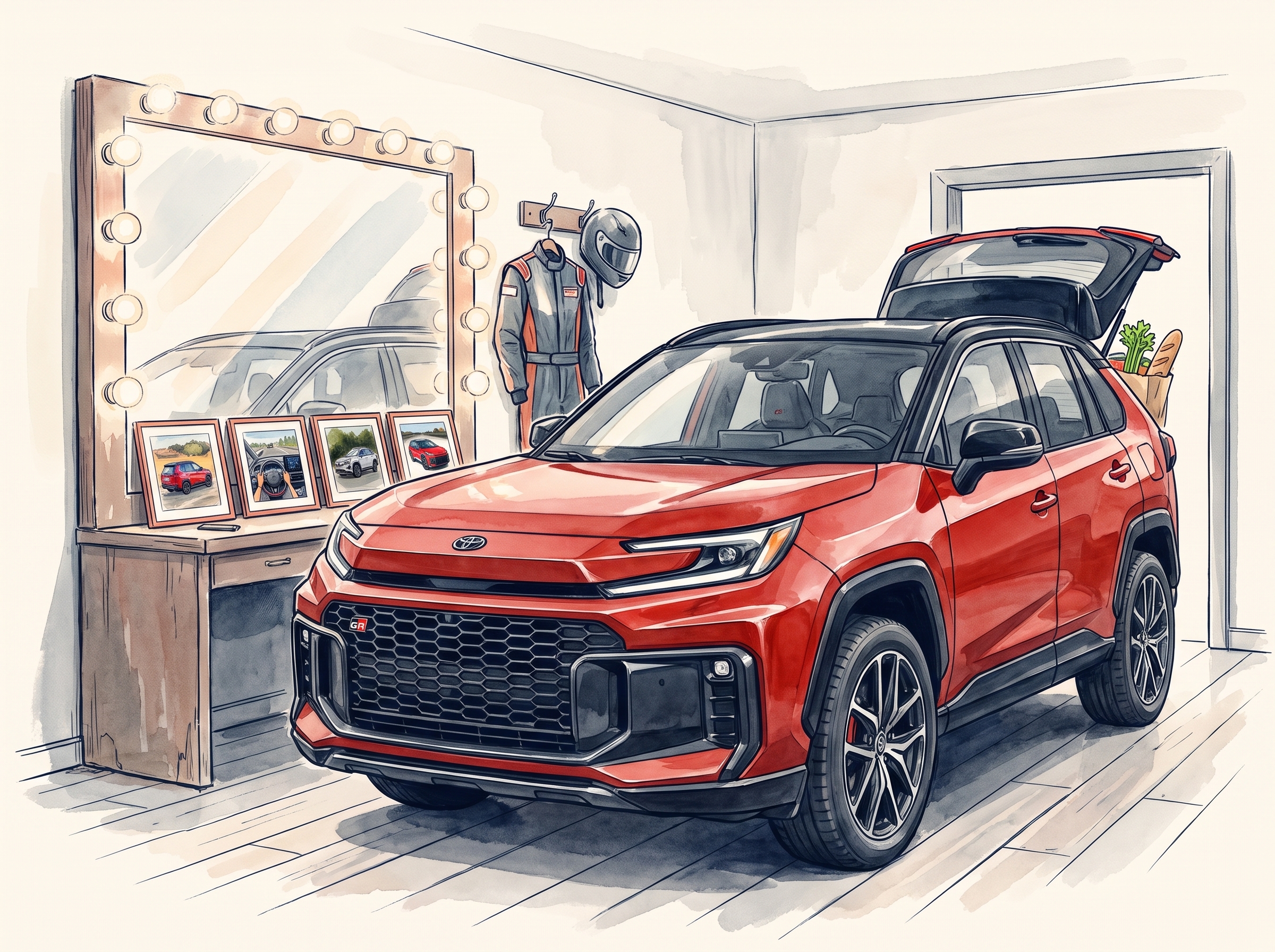 Illustration: a red Toyota RAV4 GR Sport parked inside a theater dressing room, a racing suit and helmet hanging on the wall, groceries in the open rear hatch.