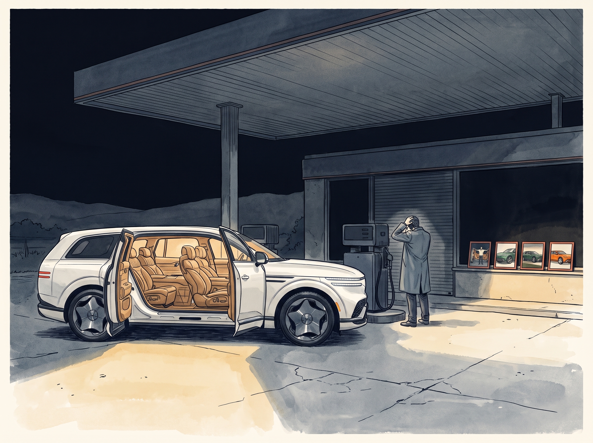 White Genesis GV90 Neolun with both coach doors open at a dark, powerless petrol station at night; the cabin glow is the only light; a man stands at a dead pump, hand on his head.