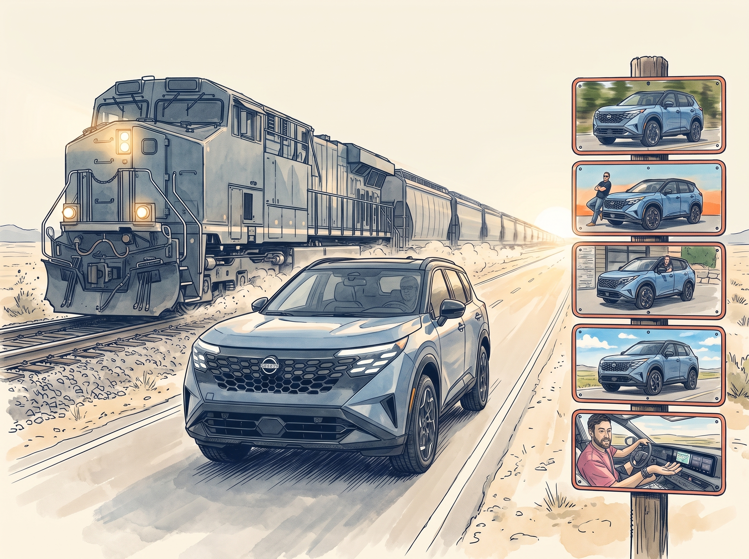 A blue Nissan Rogue Hybrid running alongside a freight locomotive at dawn on a desert road, with five small framed video plates on a trackside post.